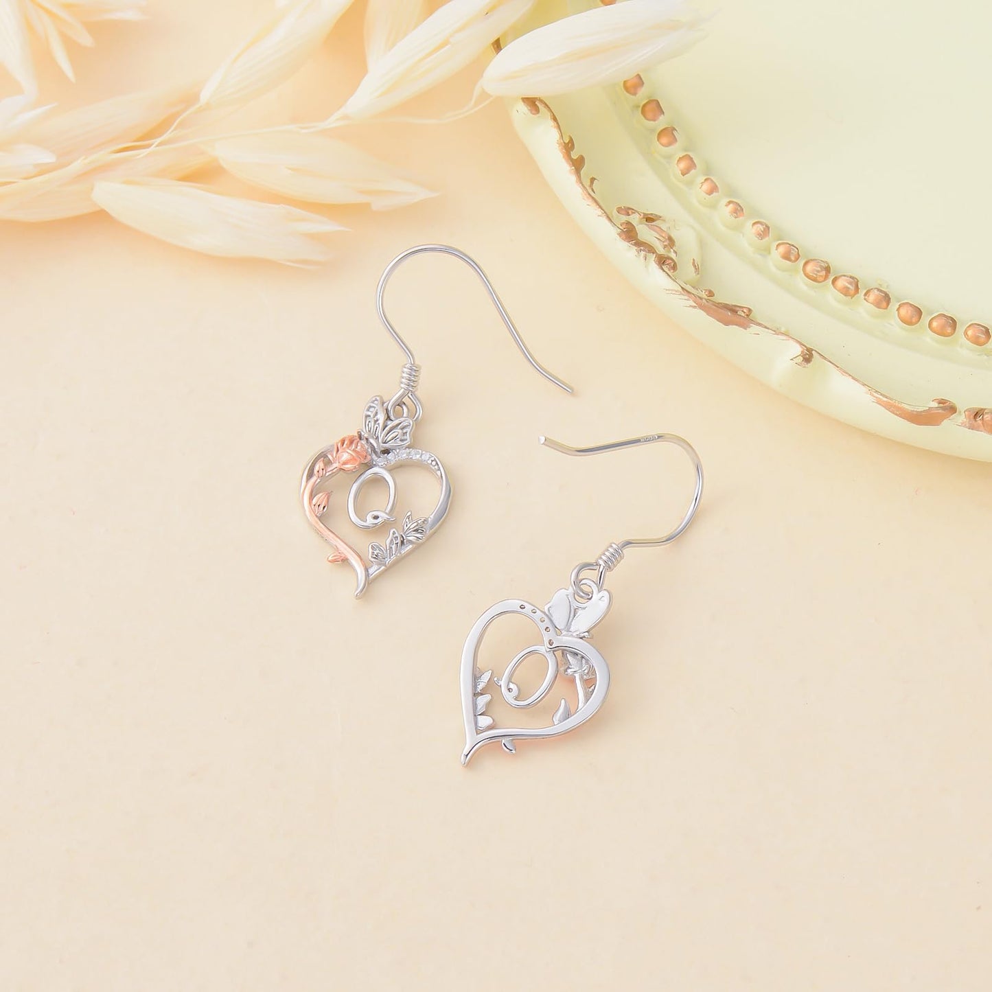 TOUPOP Rose Heart Initial Earrings Sterling Silver Butterfly Earring Initial Q Letter Drop Dangle Earrings Jewelry Anniversary Birthday Mothers Day Gifts for Women Mom Wife Girlfriend Her