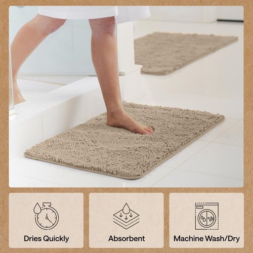 GORILLA GRIP Bath Rug Mat - Thick Absorbent Chenille | Quick-Dry Microfiber, 60x17 Inches, Gray Beige