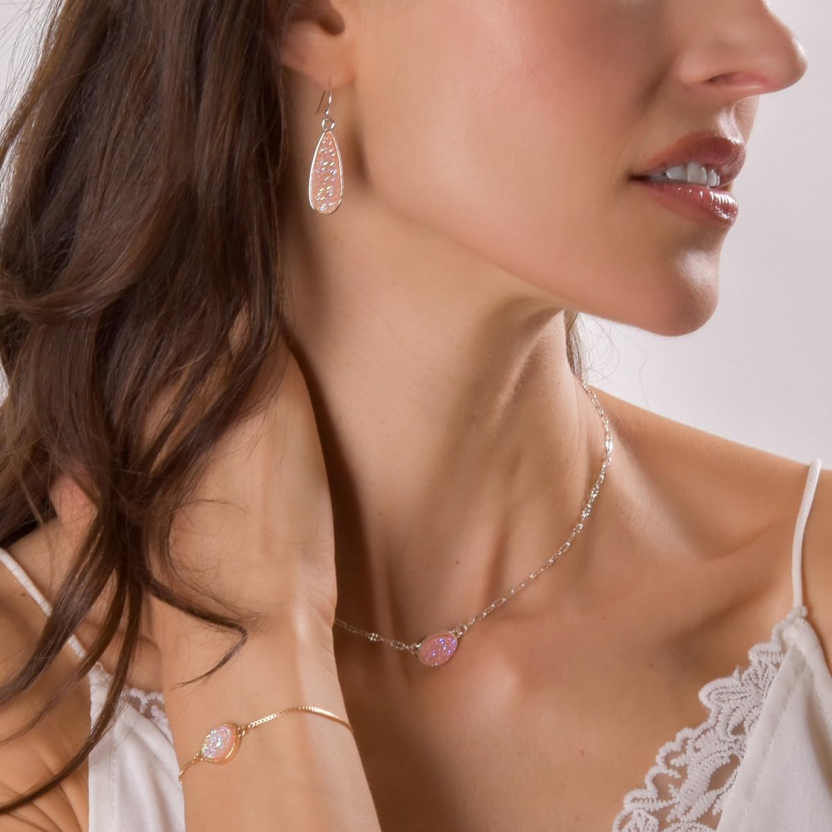 Pink Earrings for Women - Simulated Rose Quartz Earrings for Women, Silver Tone Long Dangles with Sparkly Simulated Druzy Stone, Dangling Teardrop Boho Dangle Drops, Elegant Dangly Tear Drop