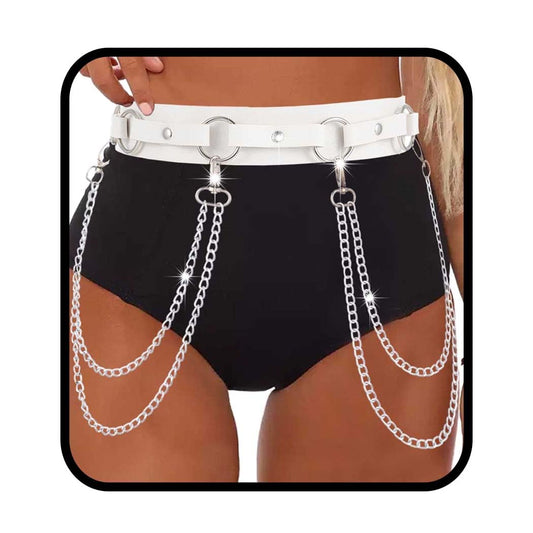 Obmyec Punk Waist Chain Belts Leather Belly Body Chain Gothic Black Leather Waist Accessories for Women (White)