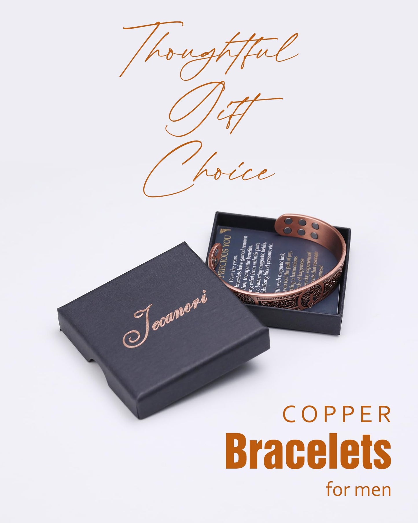 Jecanori Copper Bracelet for Men, 18X Strength Mens Magnetic Bracelets with 3,800 Gauss Magnets, 99.99% Pure Solid Copper Jewelry Gift