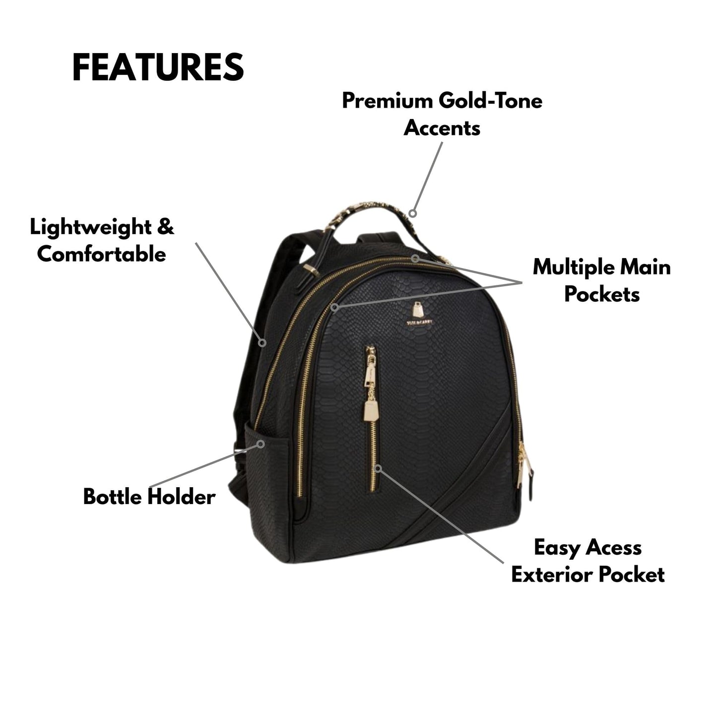 Tote&Carry Apollo BFF Backpack for Women, Vegan Leather, Water-Resistant, Carry-On Luggage for Travel, Work & Daily Use (Snake Skin, Black)