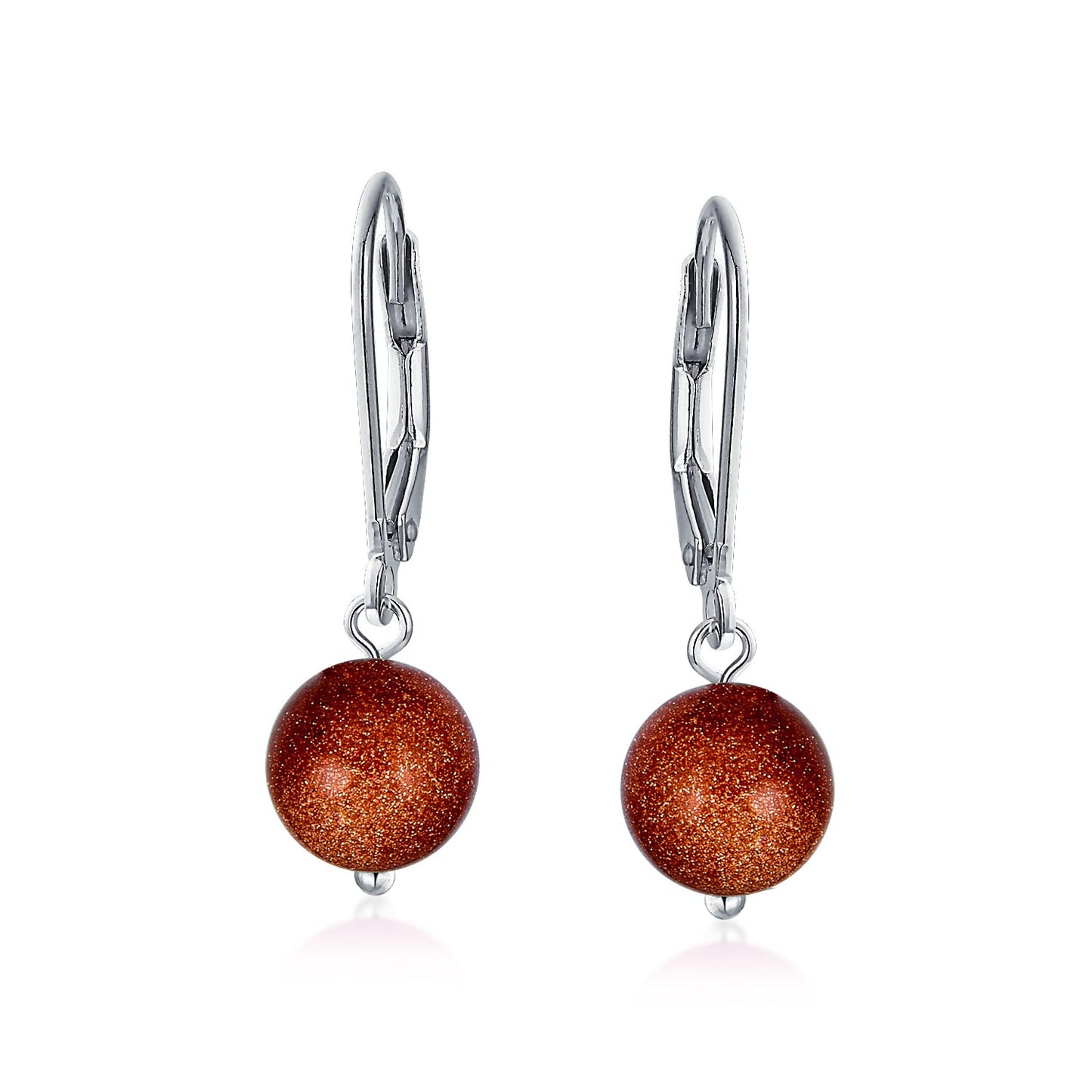 Bling Jewelry Timeless .925 Sterling Silver Brown Golden Sandstone Bead 8mm Ball Drop Earrings Lever Back Genuine Gemstone