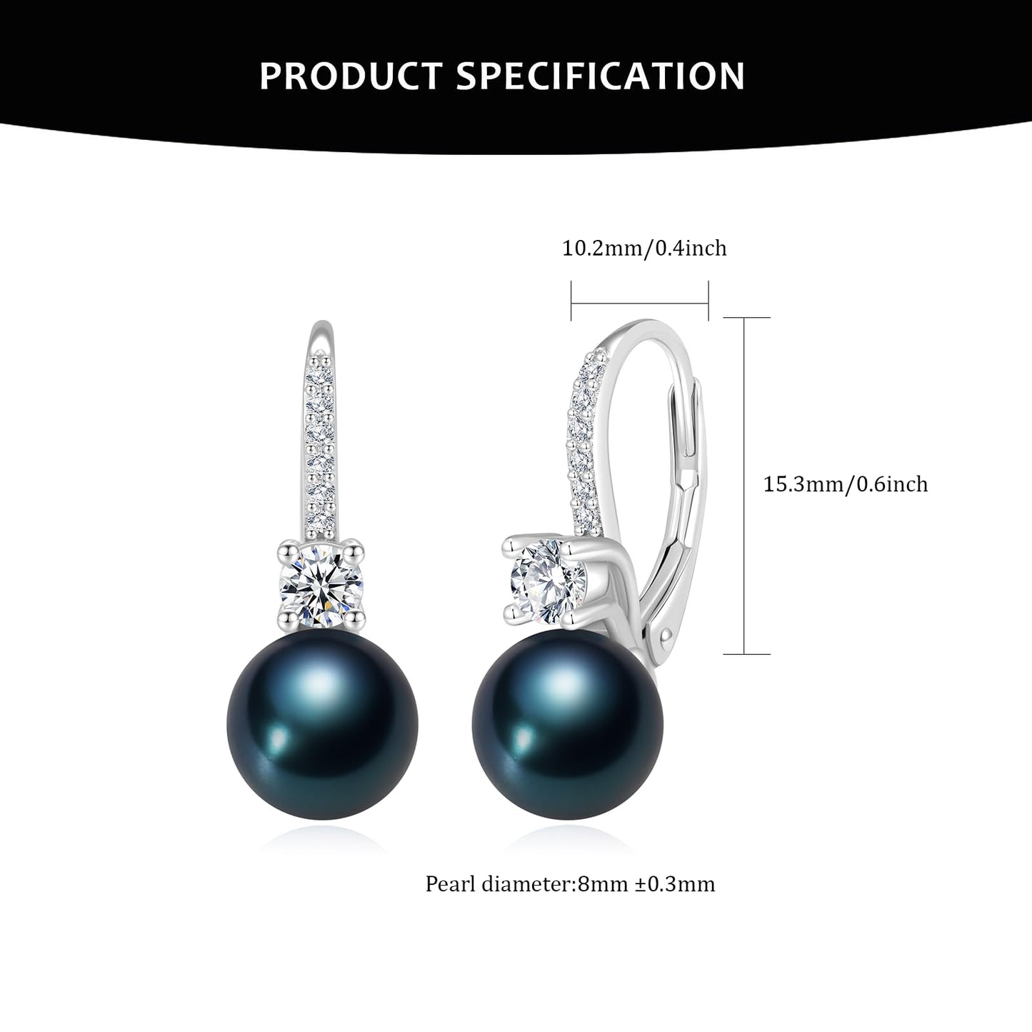BAMIKI Black Pearl Drop Dangle Earrings 925 Sterling Silver Cubic Zirconia Leverback Earrings, 8MM Round Saltwater Cultured Pearls Jewelry Gifts for Women Wife Mother