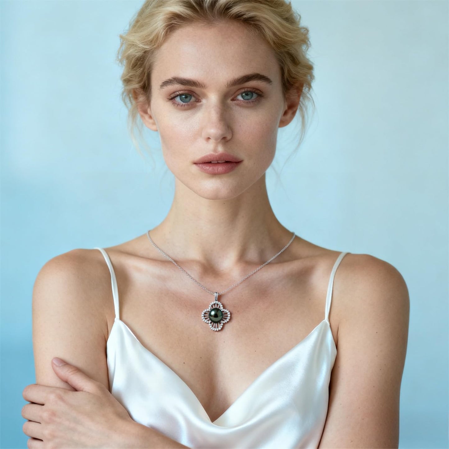 Genuine Tahitian Black Pearl Necklace - Christmas Gift for Women Wife Mom Daughter, Jewelry Gifts for Wedding Anniversary Birthday, 9-10mm Seawater Pearl with Sterling Silver Moissanite Flower Pendant