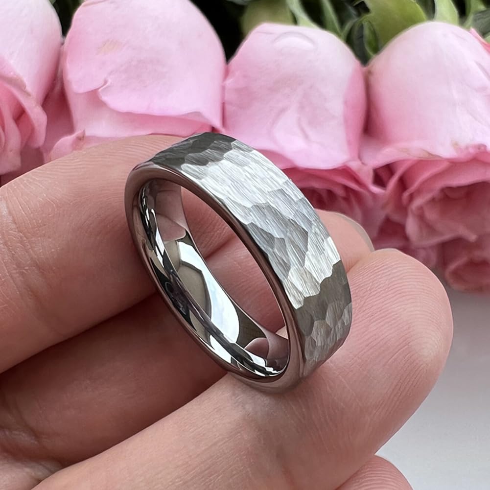 TUTISS 6mm Hammered Tungsten Rings for Men Women Fashion Engagement Wedding Bands Pipe Cut Matte Finish Comfort Fit Size 10
