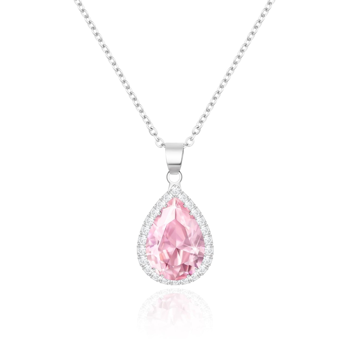 Linawe Pink Crystal Silver Chain Necklace for Women, Imitation Diamond Pendant Cubic Zirconia Birthstone Rhinestone Teardrop Necklace, Preppy Bridal Wedding Jewelry
