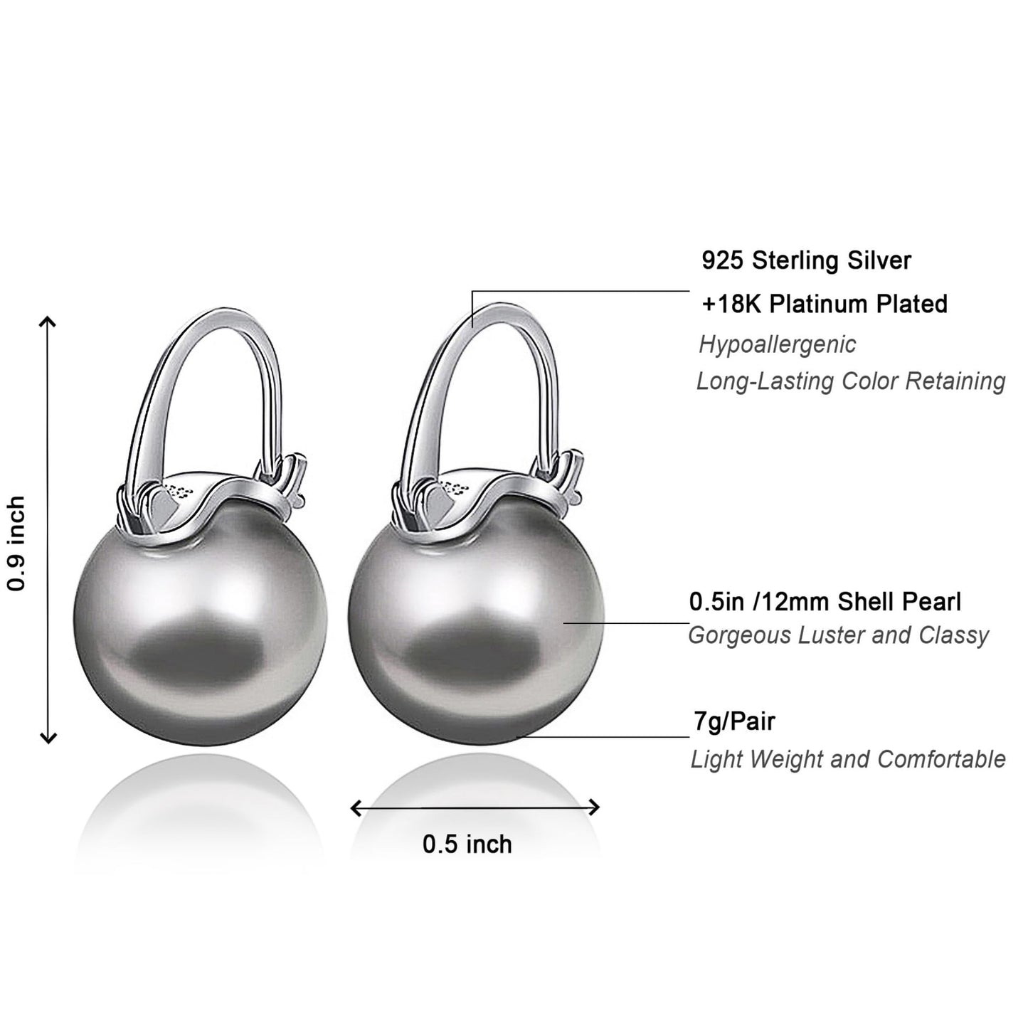 OwMell Elegant 925 Sterling Silver Pearl Drop Earrings Dangle Stud Gold Plated Earrings for Women Large Size 12mm - Grey
