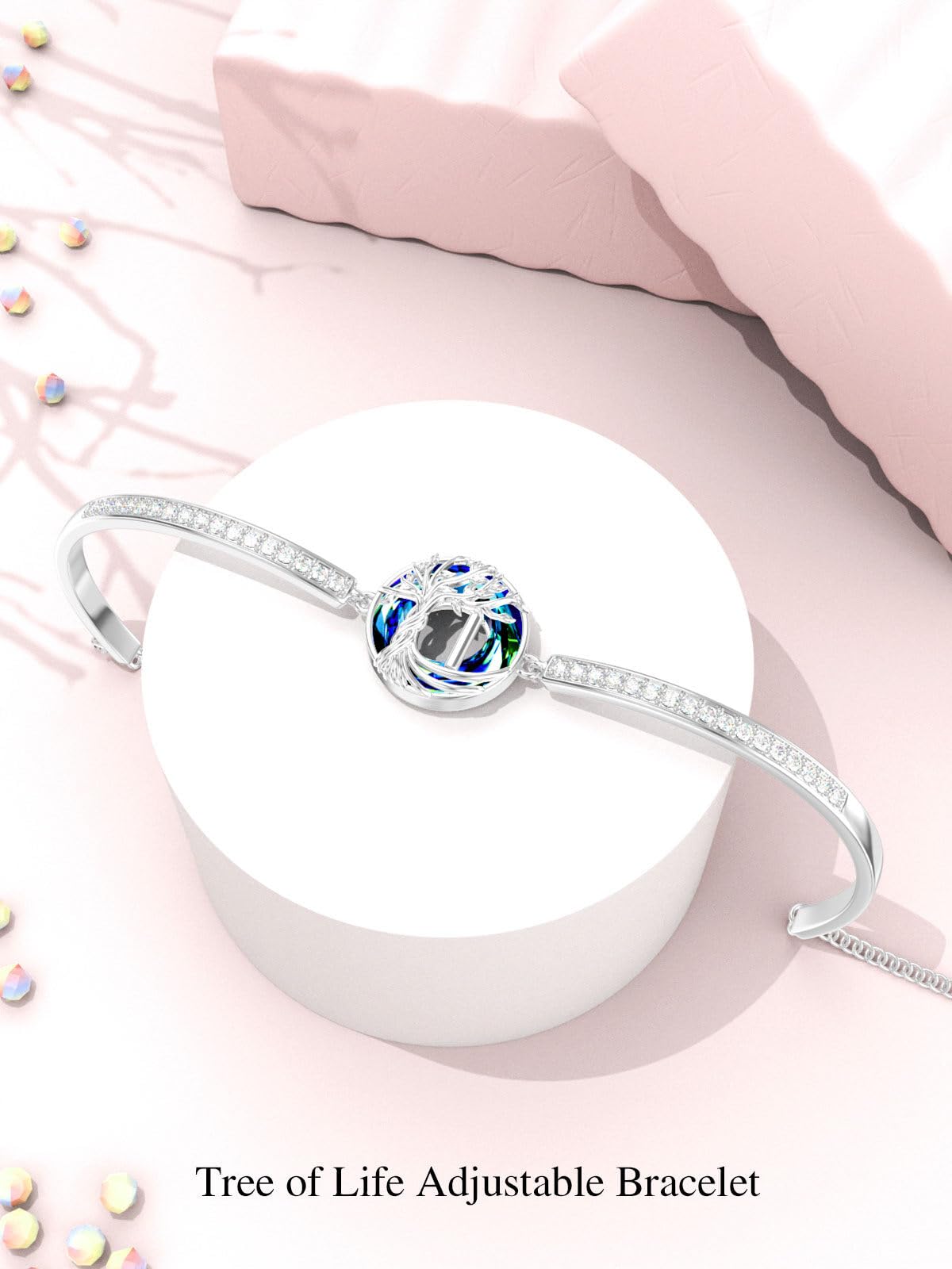 TOUPOP Tree of Life Bracelet Sterling Silver Initial I Letter Bangle Bracelet Family Tree Blue Crystal Jewelry Mothers Day Birthday Gifts for Women Mom Wife