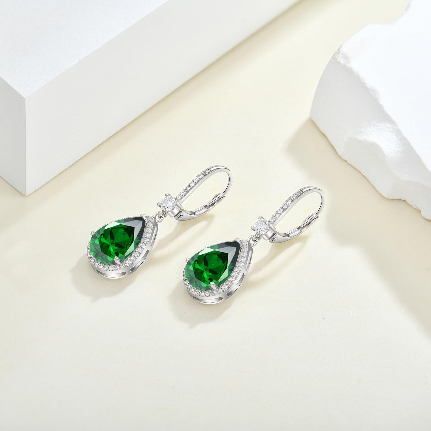 FYNSBLE Dangle Drop Earrings for Women,Sterling Silver Emerald Birthstone Leverback Earrings Hypoallergenic Jewelry for Women