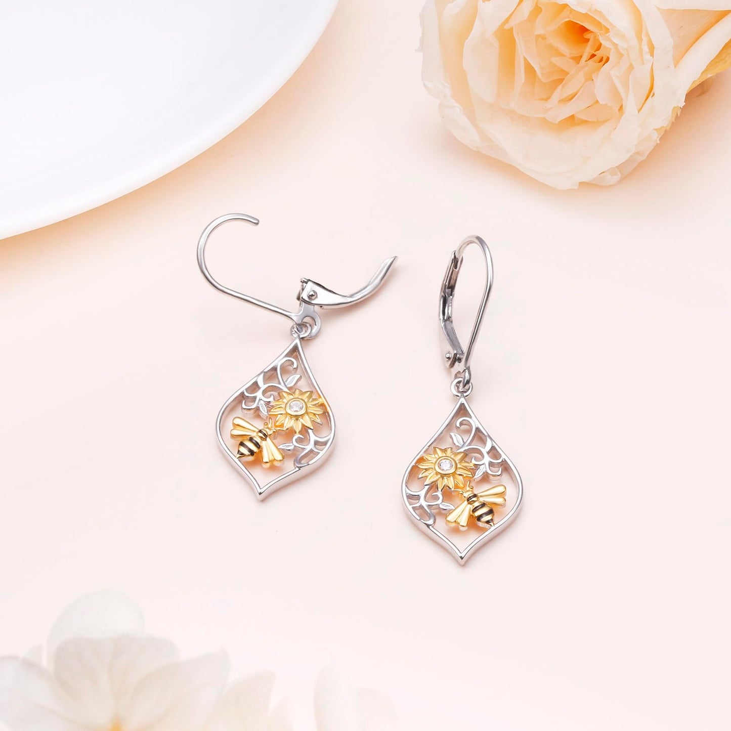 SHAOAN 925 Sterling Silver Sunflower Bee Dangle Drop Earrings for Women Flower Earring Jewelry Gifts for Anniversary Mother’s Day Birthday