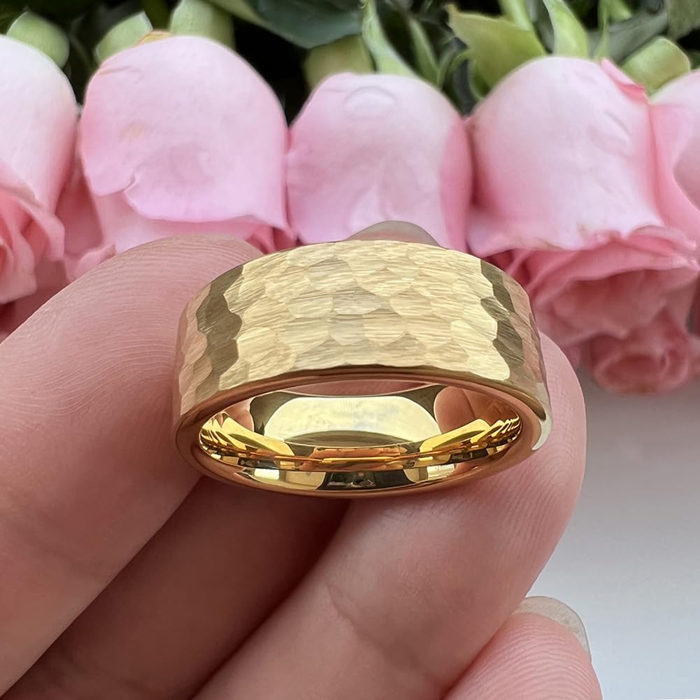 TUTISS 8mm Gold Hammered Tungsten Carbide Rings for Men Women Fashion Engagement Wedding Bands Matte Finish I Love You Engraved Comfort Fit Size 10
