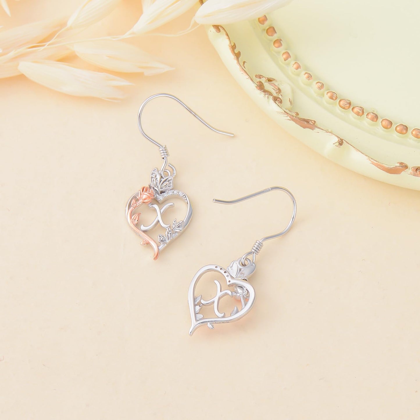TOUPOP Rose Heart Initial Earrings Sterling Silver Butterfly Earring Initial X Letter Drop Dangle Earrings Jewelry Anniversary Birthday Mothers Day Gifts for Women Mom Wife Girlfriend Her