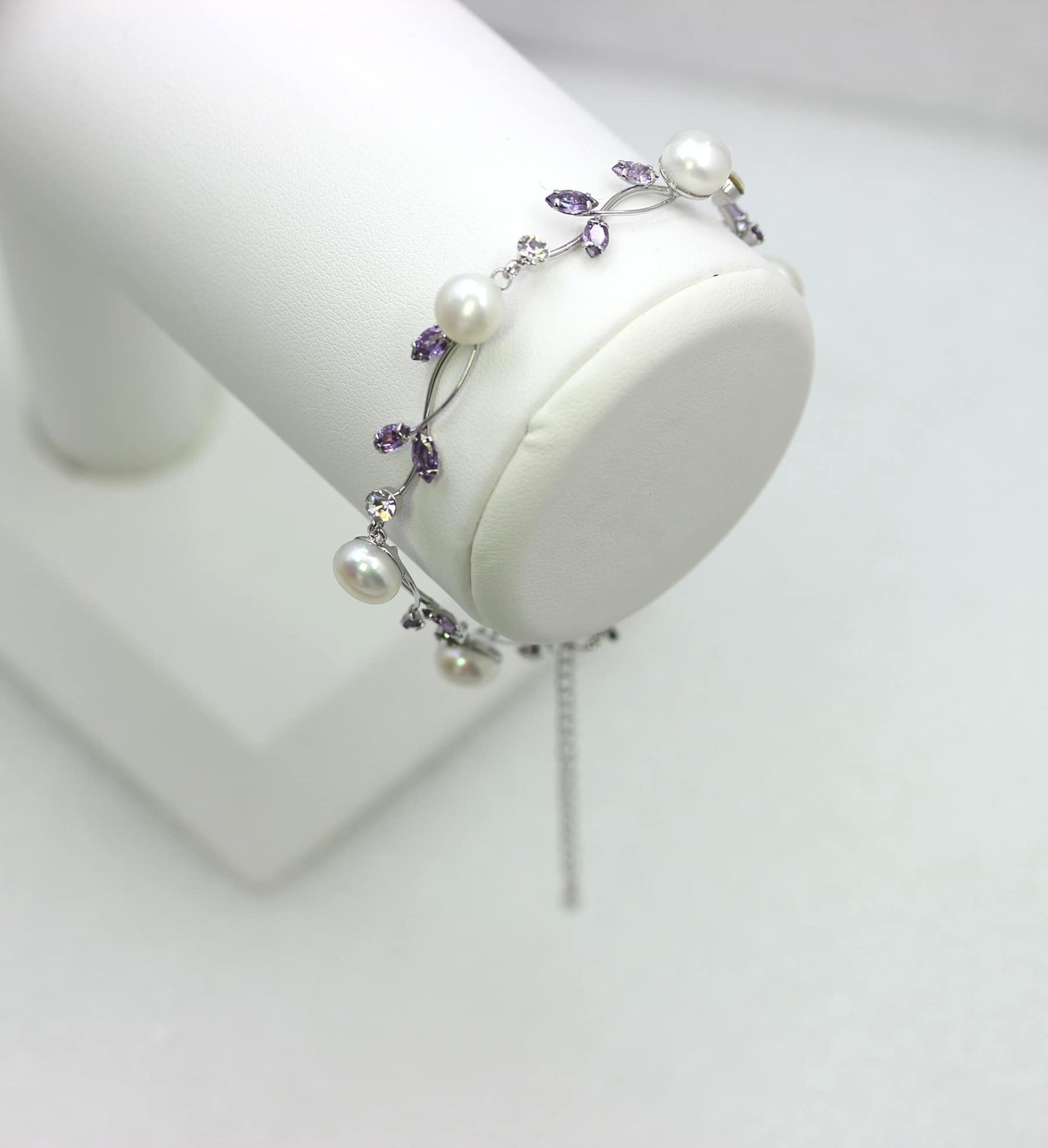 Faship Purple CZ Crystal Genuine Freshwater Pearls Floral Bracelet 7.5" - 9.5" - Purple/Matching Bracelet