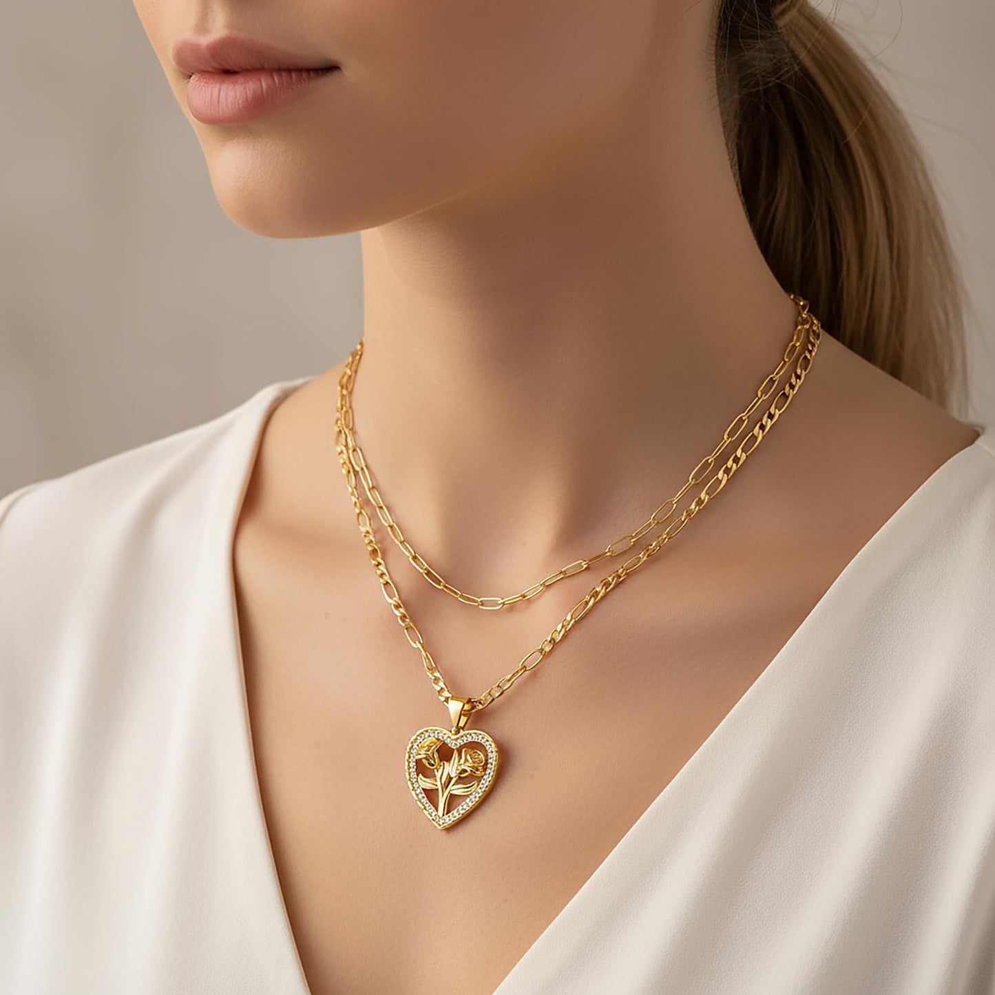 MEIITRUE Heart Necklaces for Women Trendy 14k Gold Plated Dainty Layered Necklace Set Cubic Zirconia Rose Heart Pendant Choker Paperclip Chain Stackable Jewelry Gifts for Her