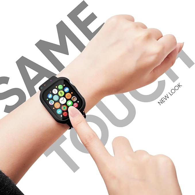 Compatible for Apple Watch Band 44mm 45mm and Case with Screen Protector, Soft Silicone Sport Strap Bands and Protective Cover with Tempered Glass for iWatch Series 9 8 7 SE 6 5 4