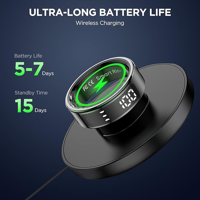 Smart Rings for Men with Display Screen, Fitness Ring with Wireless Charging, Sleep Tracker Ring with Heart Rate, Health Rings for Activity Monitoring/Steps/Calories, for iOS Android (Black,8#)