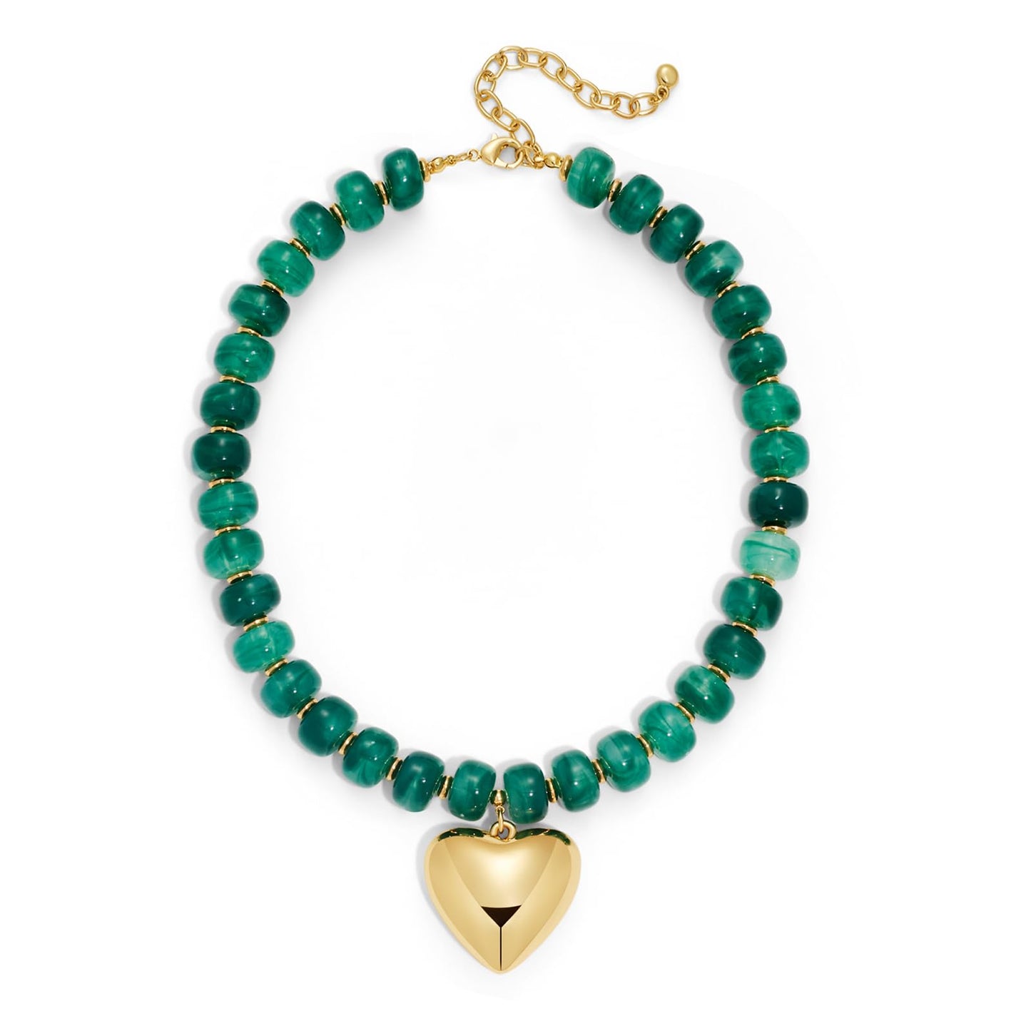 ENSKEFEN Chunky Necklaces for Women Boho Green Resin Beaded Choker Gold Heart Pendant Necklace Adjustable Statement Necklace Fashion Acrylic Jewelry
