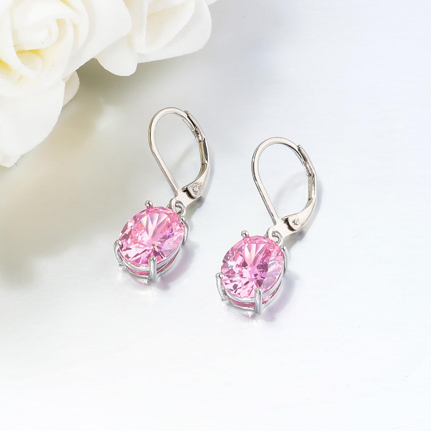CiNily Cut-Oval Leverback Dangle Earrings for Women Pink Cubic Zircon 14k White Gold Plated Hypoallergenic Hanging Lever Earrings Lightweight Summer Drop Earrings