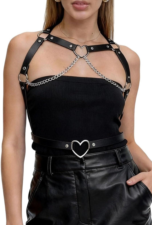 WARANDOD Women’s Faux Leather Chain Body Harness Belt, Adjustable Alloy Ring Chest Strap Fashion Accessory for Goth Punk Outfits(Waist 28.3-37.8in)