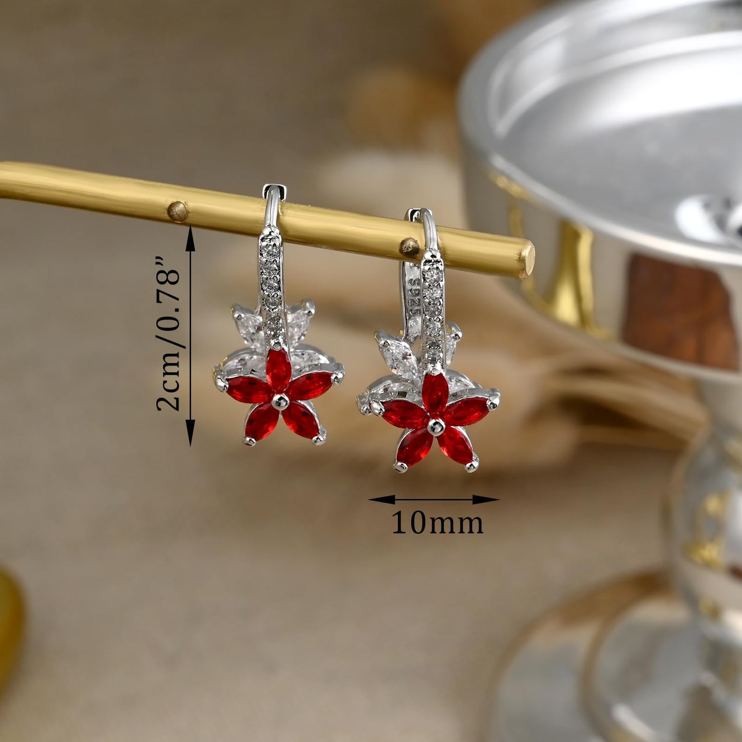 Watforsh 925 Sterling Silver Flower Earrings for Women Dangling Leverback Earrings with Ruby and White Crystal Double Floral