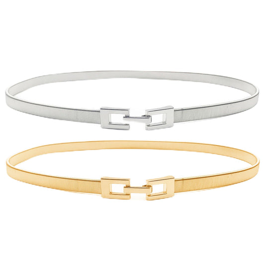 Tanpie 2 Pack Skinny Waist Belt of Women Elastic Metal Stretch Chain Belt Gold&Silver Small