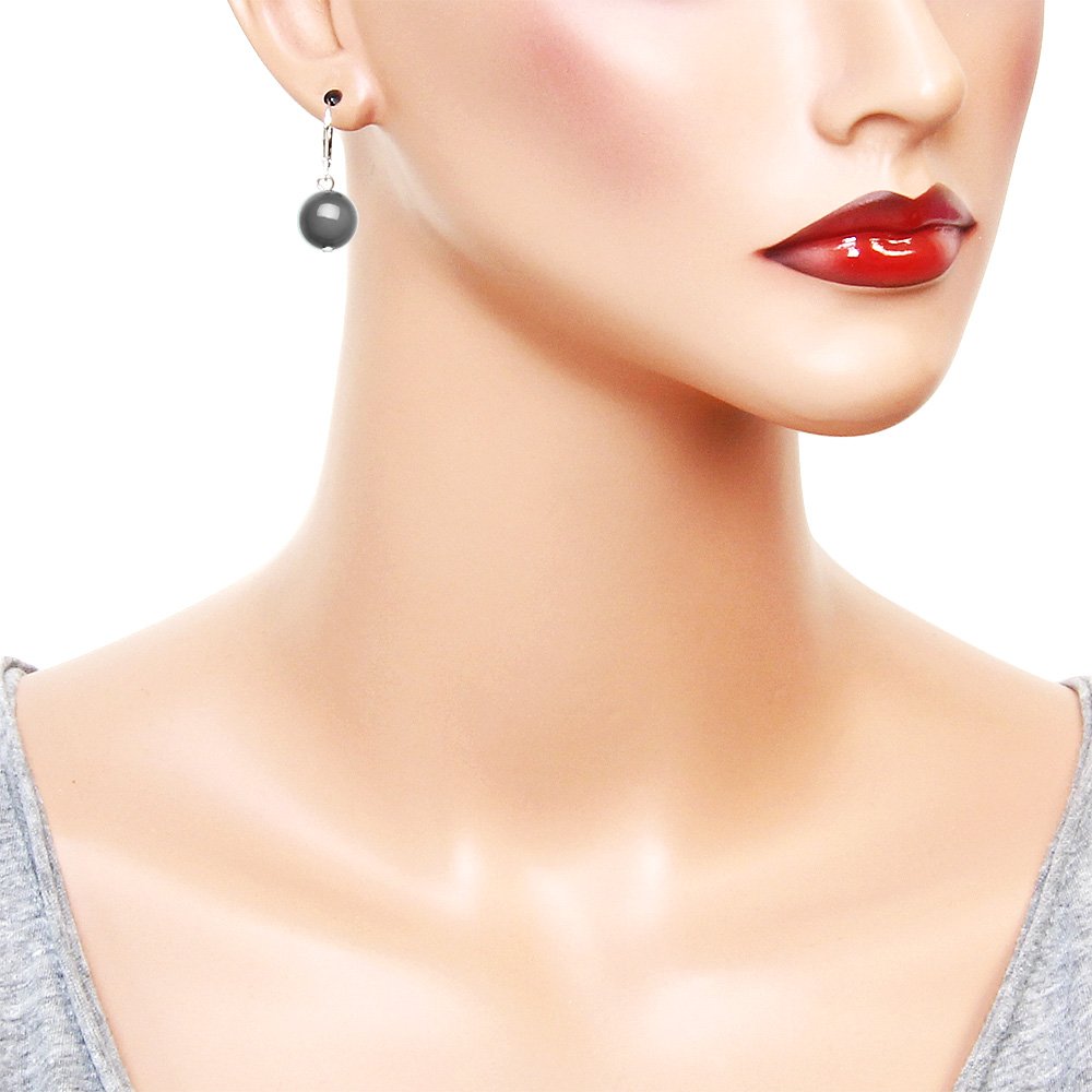 Falari 10mm Round Natural Stone Earring High Polished Rhodium Leverback Hematite