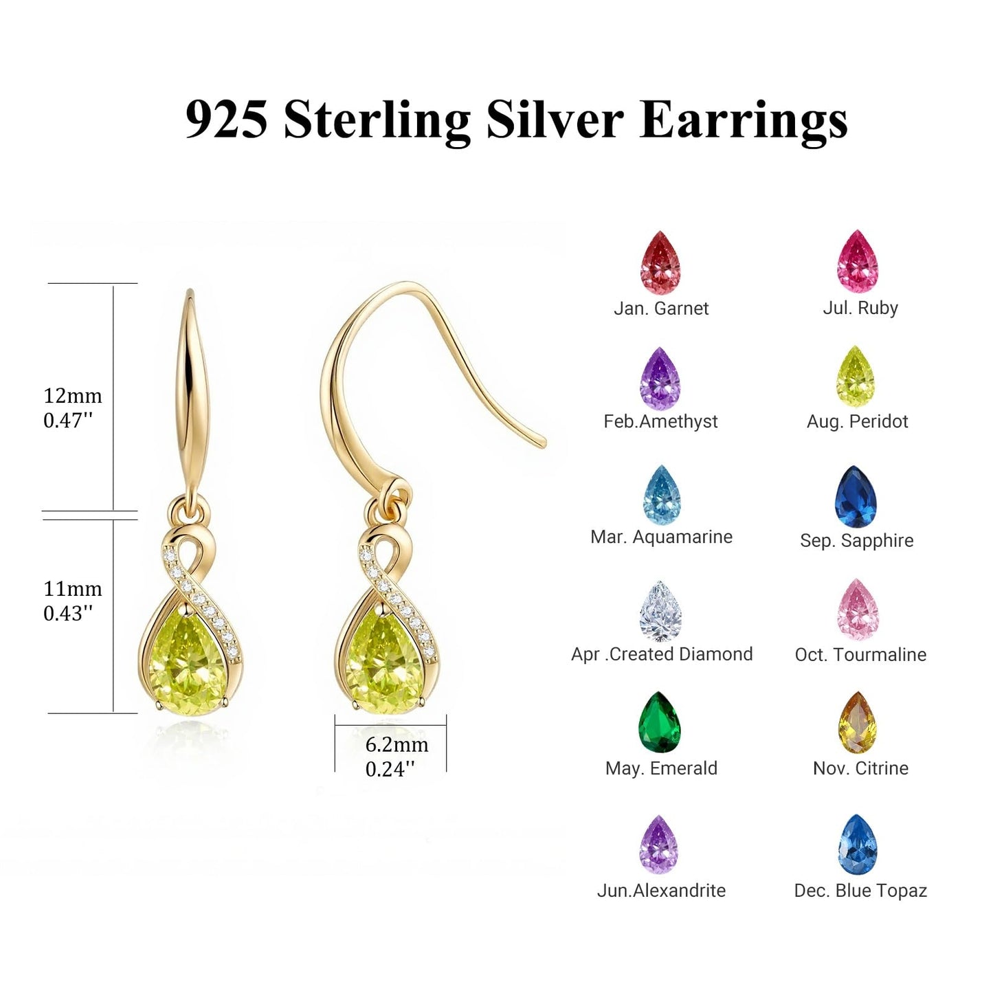 Infinity Birthstone Earrings 18K Gold Plated 925 Sterling Silver Teardrop Infinity Drop Dangle Earrings Peridot Jewelry Birthday Gifts for Women Her Mother Wife