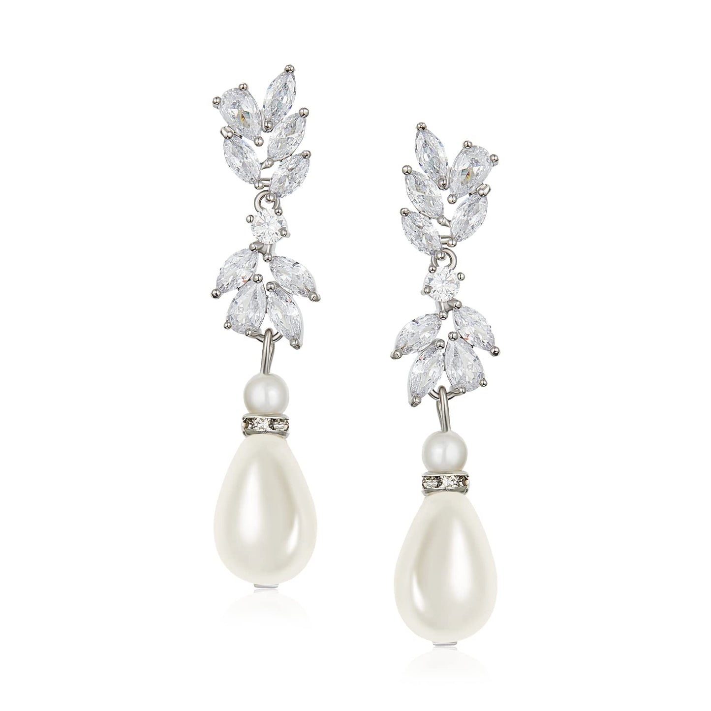 SWEETV Teardrop Pearl Wedding Bridal Earrings for Brides Birdesmaids, Pearl Drop Earrings for Women,Crystal Rhinestones Cubic Zirconia Dangling Earrings