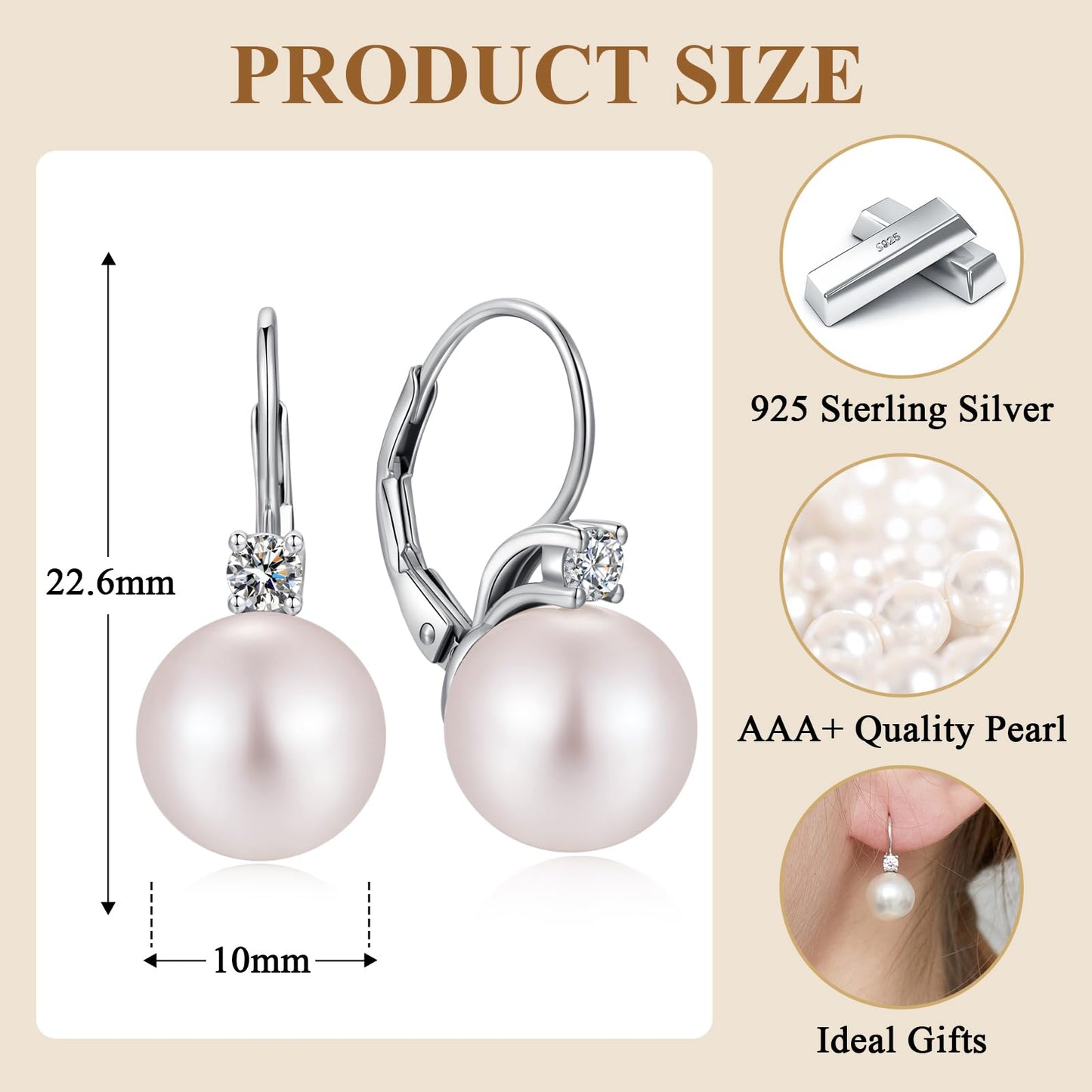 Pearl Leverback Earrings Pearl Dangle Drop Earring for Women 925 Sterling Silver Cubic Zirconia 10mm Jiahanzb