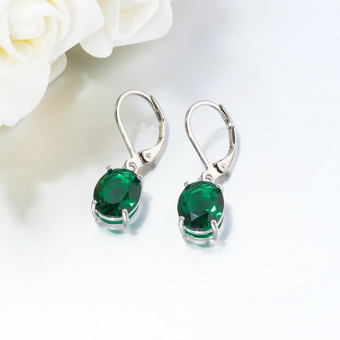 CiNily Cut-Oval Leverback Dangle Earrings for Women Green Cubic Zircon 14k White Gold Plated Hypoallergenic Hanging Earrings Lightweight Summer Drop Earrings