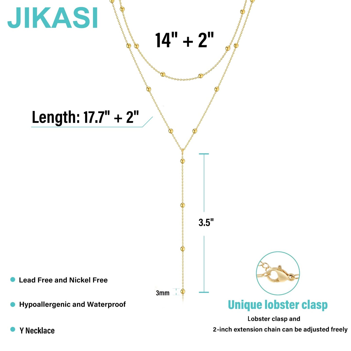JIKASI Lariat Gold Necklaces for Women Trendy Dainty Long Necklace 14k Gold Plated Layered Drop Rosary Beaded Chain Necklaces Y-Shaped Pendant Necklace Simple Gold Jewelry Gifts