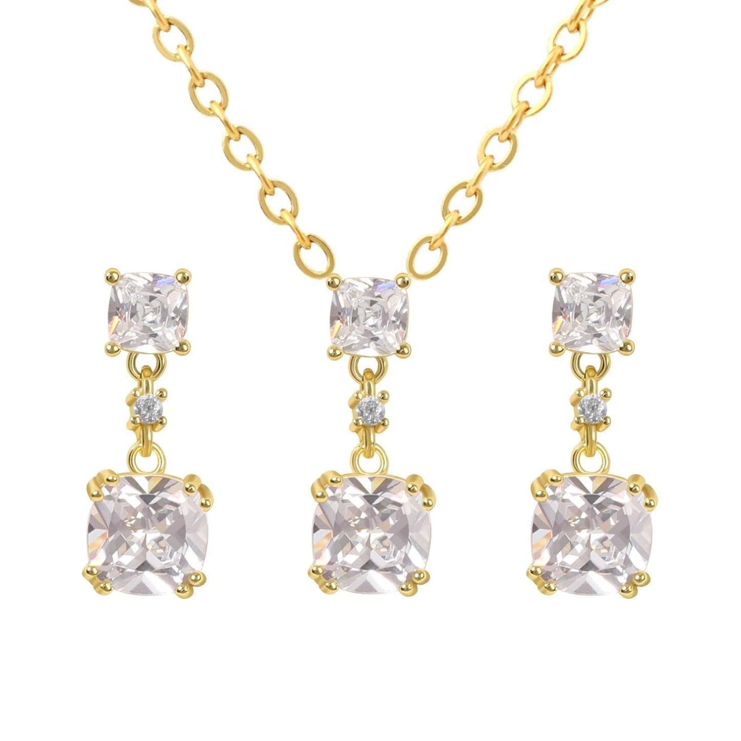 TaYolnFaSo Cushion-cut Diamond Jewelry Sets for Women 14k Gold Plated Dainty Necklace and Earring Set Imitation Diamond Jewelry Gifts for Mother