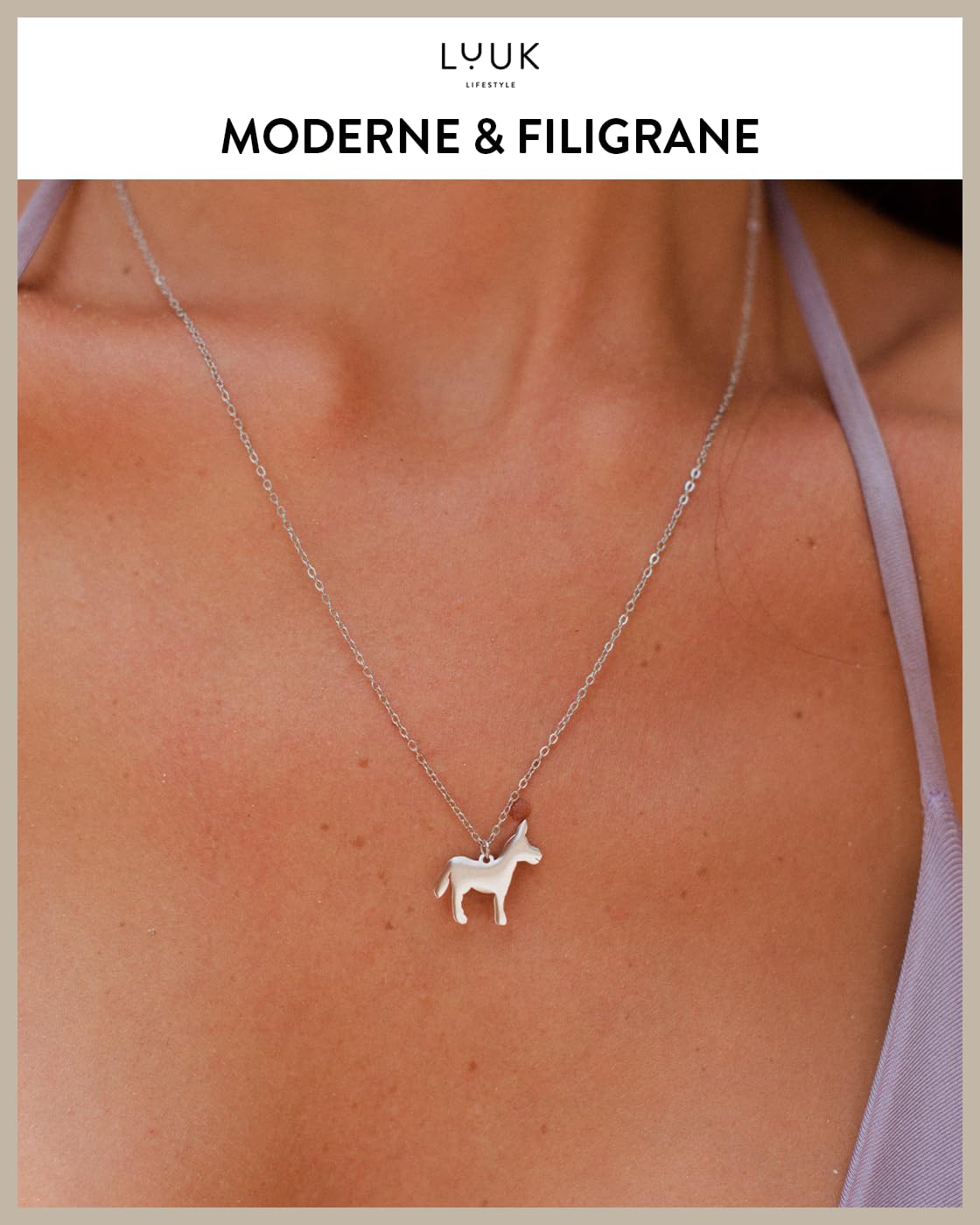 LUUK LIFESTYLE Donkey pendant, cute animal necklace, stainless steel, 14K Silver plated, HAPPINESS Gift Card, 19in adjustable sturdy chain, dainty, modern, trendy, gifting season winter aesthetic