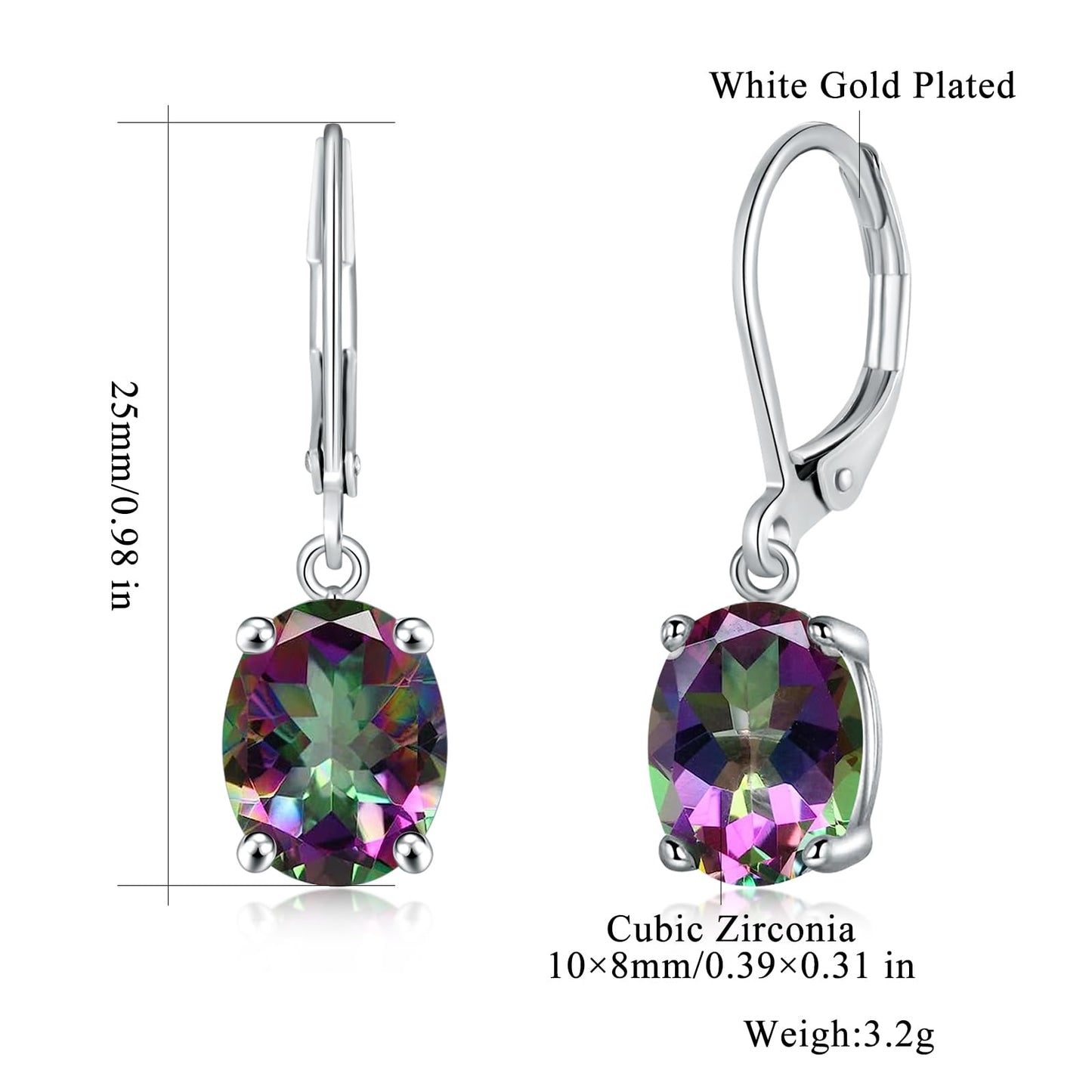 CiNily Cut-Oval Leverback Dangle Earrings for Women Rainbow Cubic Zircon 14k White Gold Plated Hypoallergenic Hanging Earrings Lightweight Summer Drop Earrings