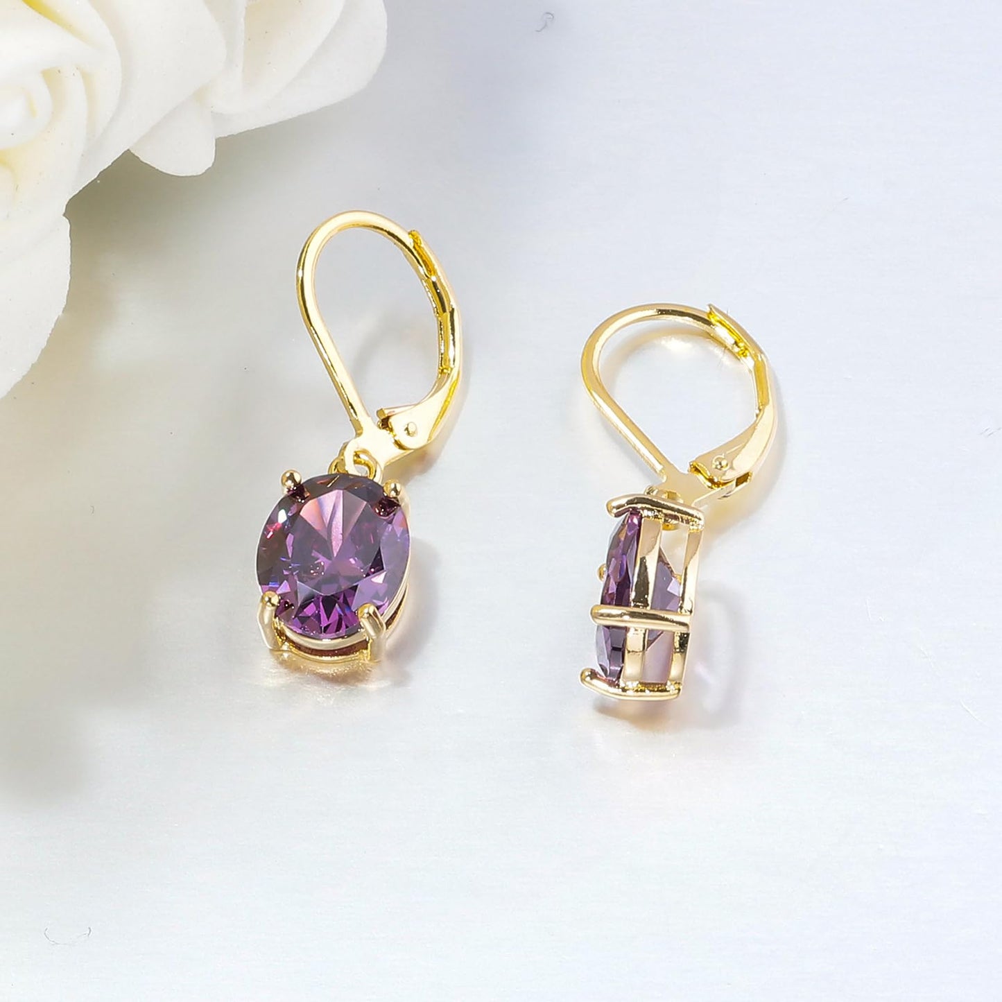 CiNily Cut-Oval Leverback Dangle Earrings for Women Purple Cubic Zircon 14K Gold Plated Hypoallergenic Hanging Earrings Lightweight Summer Drop Earrings