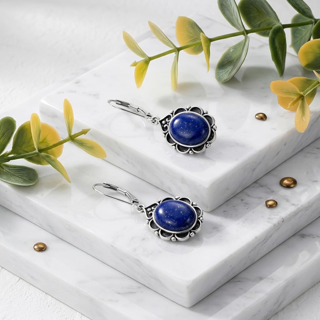 Lapis Lazuli Drop Earrings for Women 925 Sterling Silver Vintage Oval 9x7mm Filigree Leverback Dangle Earrings, Gothic Victorian Antique Jewelry Gifts