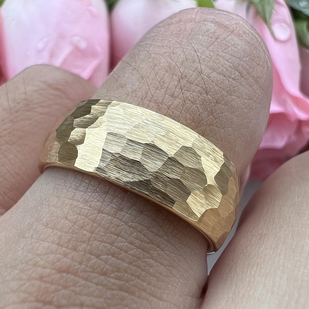TUTISS 8mm Gold Hammered Tungsten Rings for Men Women Engagement Wedding Bands Domed I Love You Engraved Comfort Fit Size 9.5