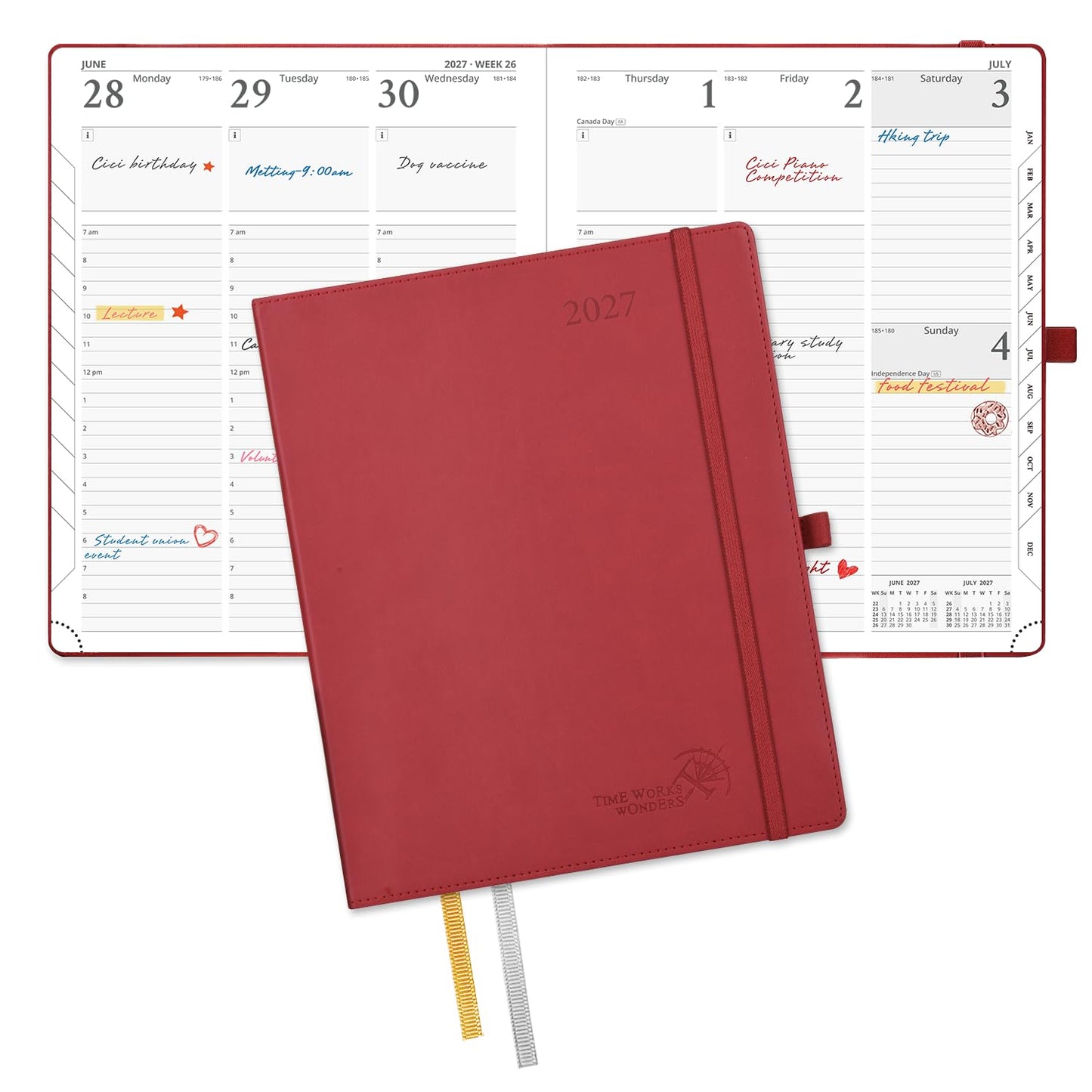 POPRUN 2027 Planner, Large-8.5" x 10.5", 2027 Weekly Calendar Planner (Jan 2027-Dec 2027) with Hourly Time Slots, Weekly Monthly Appointment Book for School & Work, Leather Softcover - Burgundy