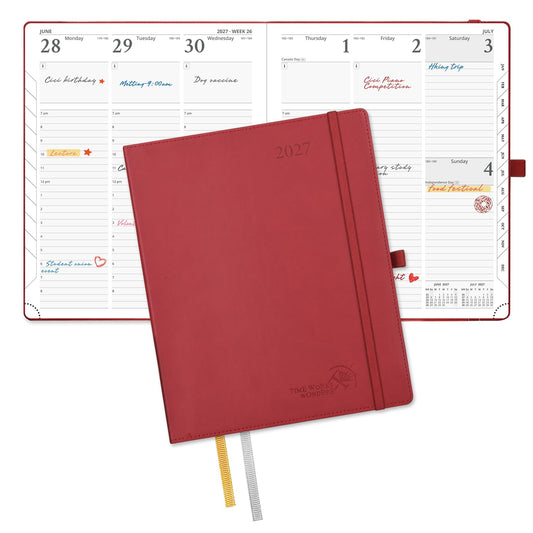 POPRUN 2027 Planner, Large-8.5" x 10.5", 2027 Weekly Calendar Planner (Jan 2027-Dec 2027) with Hourly Time Slots, Weekly Monthly Appointment Book for School & Work, Leather Softcover - Burgundy