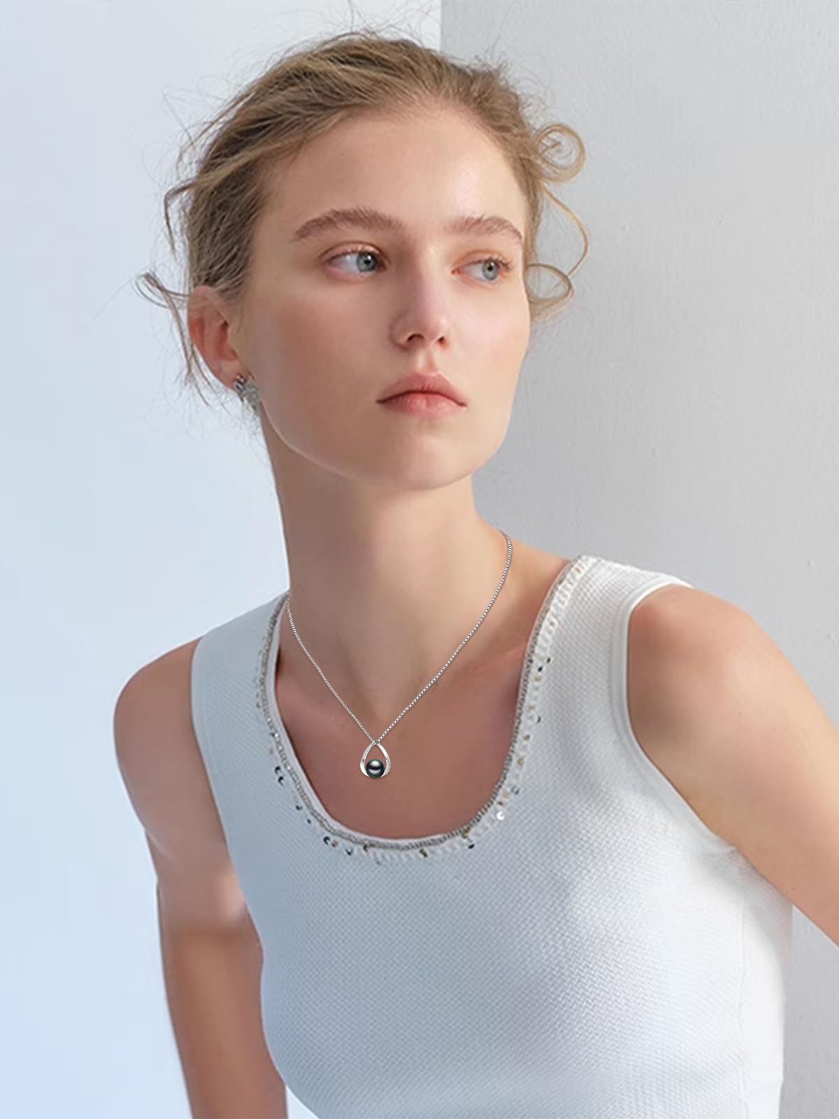 Gifts for Wife Women Anniversary-Tahitian Black Pearl Necklace 18K White Gold Plated 925 Sterling Silver AAA+ Handpicked Pearl Pendant Jewelry Gift for Mom Women Her Wedding Birthday