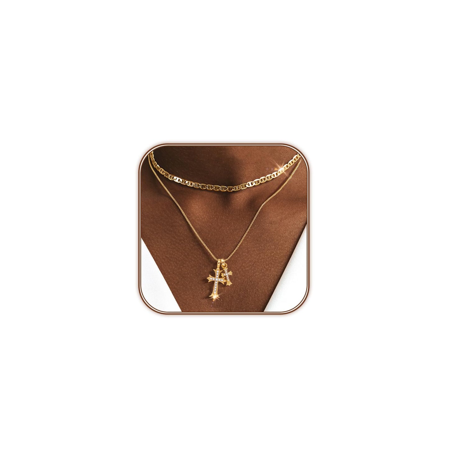 OGD Layered Gold Necklaces for Women 14k Gold Plated Double Cross Necklace for Women Stackable Stacked Stacking Dainty Gold Mariner Chain Necklace CZ Cross Pendant Necklaces Set Simple Jewelry Gift