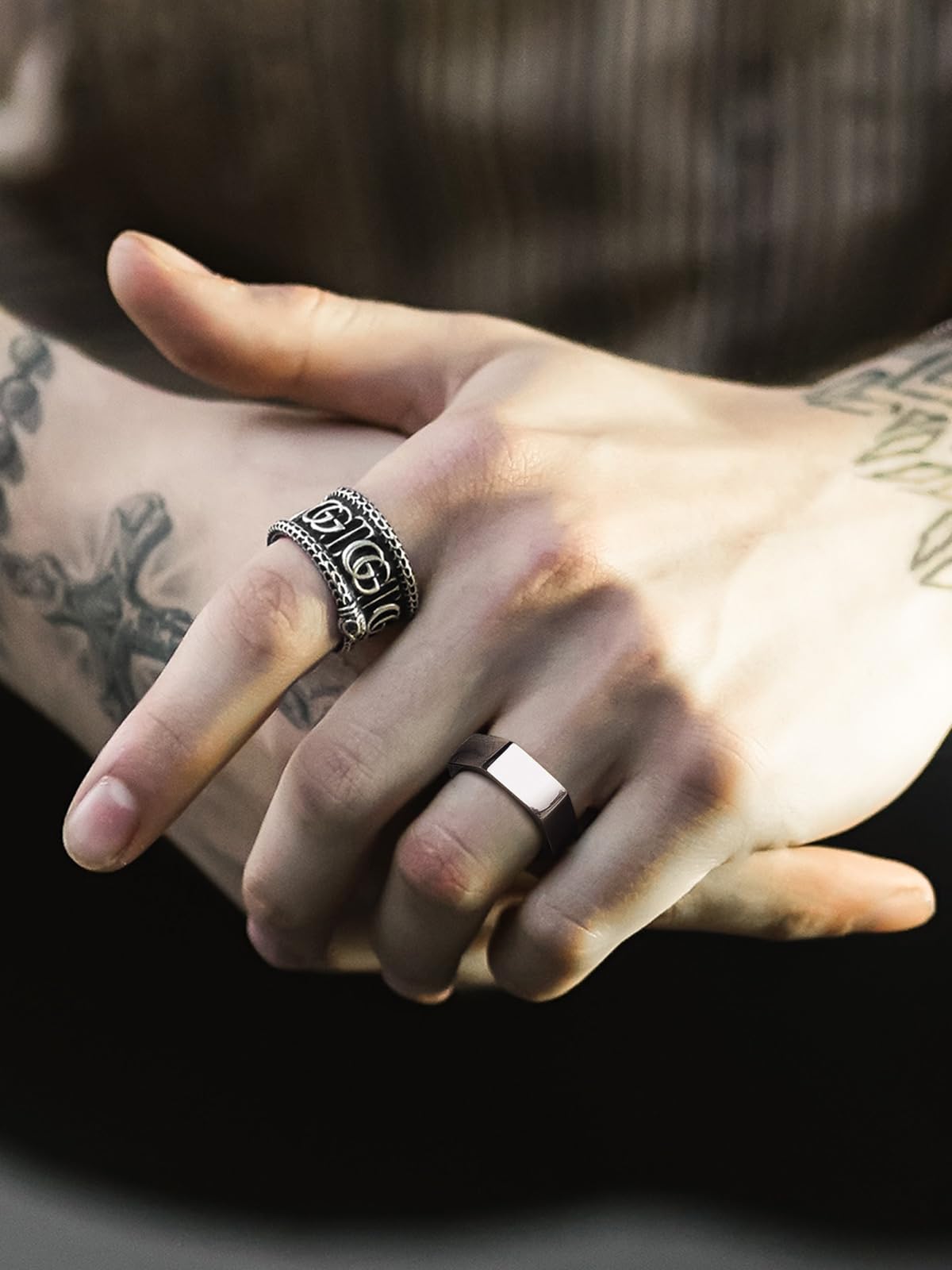 ChainsHouse Men's Punk Stainless Steel Gothic Screw Edge Hexagon Geometric Biker Ring Bands, Size 14