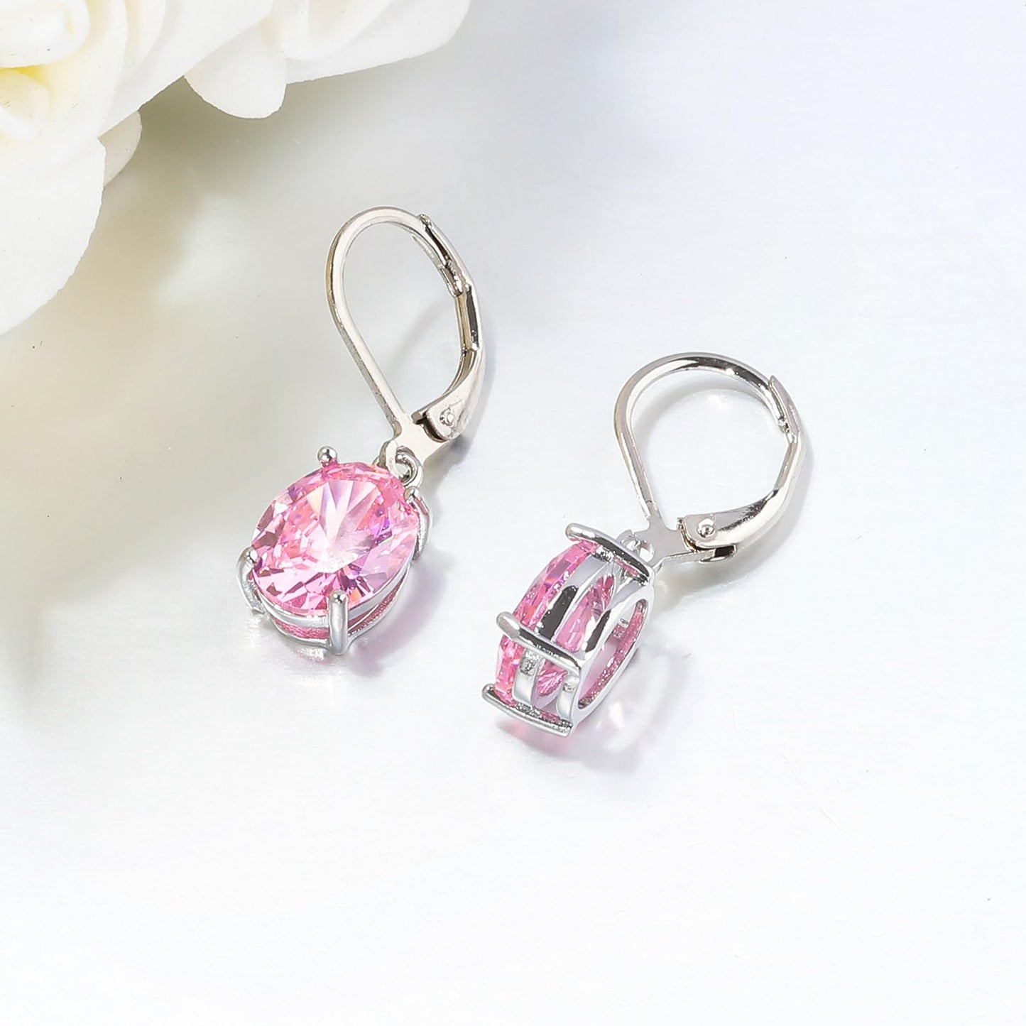 CiNily Cut-Oval Leverback Dangle Earrings for Women Pink Cubic Zircon 14k White Gold Plated Hypoallergenic Hanging Lever Earrings Lightweight Summer Drop Earrings