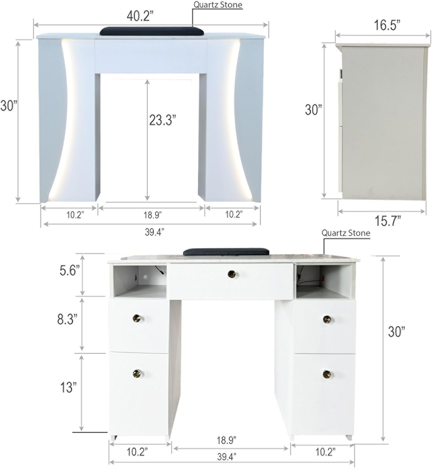 Venus Manicure Table Fan and Chair Set – Modern LED Nail Station Desk with Technician & Customer Chair, Ergonomic Design, Black & White Finish (Grey, Black)