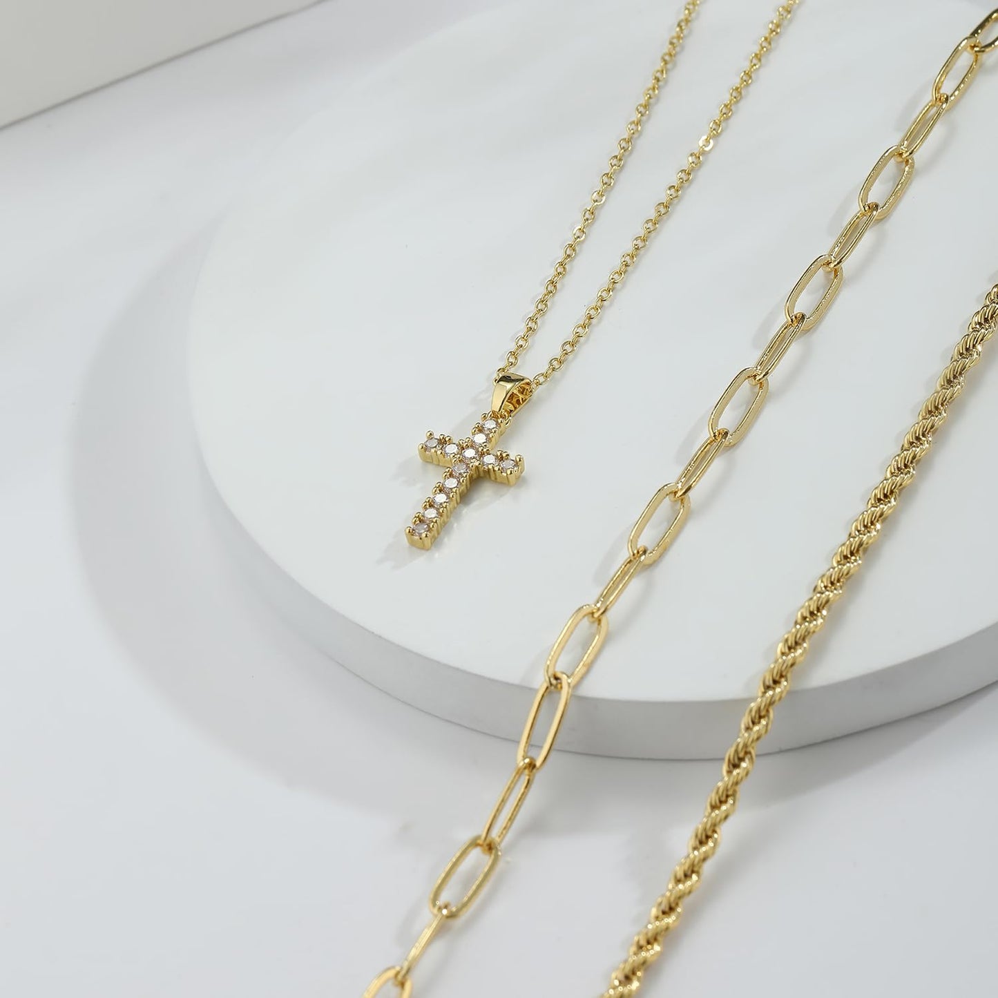 Nancomy Layered Gold Cross Necklaces for Women, Stack 14K Gold Plated Cubic Zirconia Pendant Necklace Set Dainty Choker Layering Necklaces for Women Faith Jewelry Religious Gift