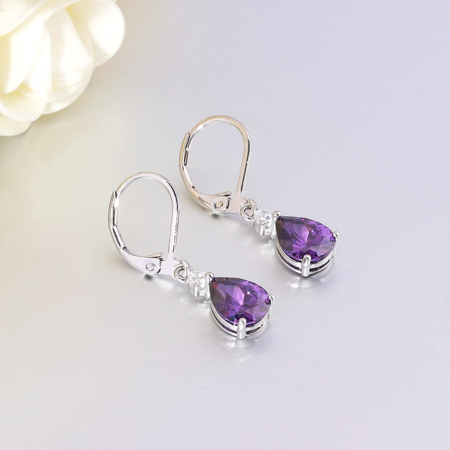 CiNily Leverback Dangle Earrings for Women 14K White Gold Plated Drop Earrings Purple Cubic Zircon Fashion Teardrop Hoop Earrings Hypoallergenic Jewelry for Sensitive Ear