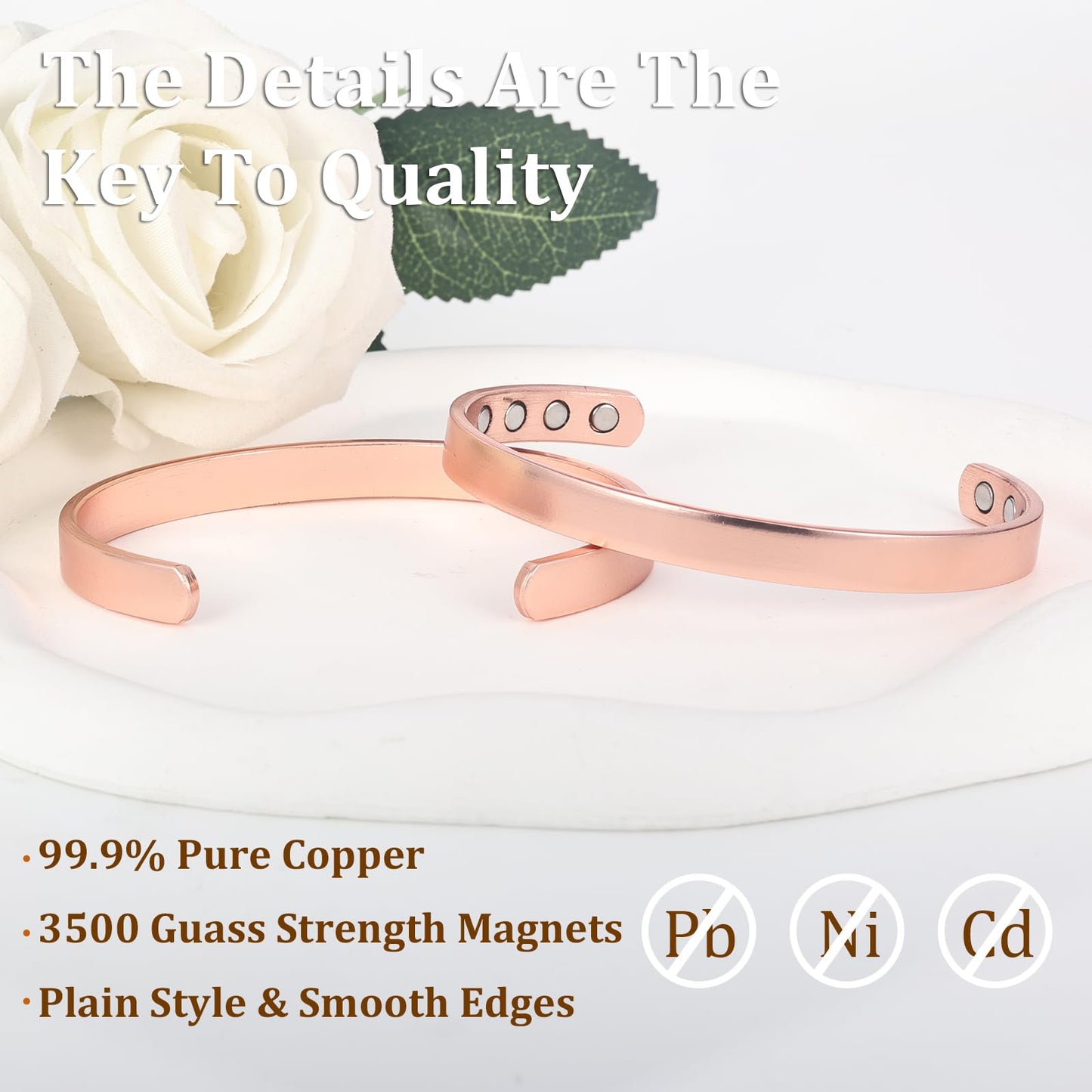 MagEnergy Copper Bracelet for Men and Women, 99.9% Pure Copper Magnetic Bangle with 8pcs 3500 Gauss Magnets, Adjustable Jewelry Gift (Rose Gold / 6.8 Inches)