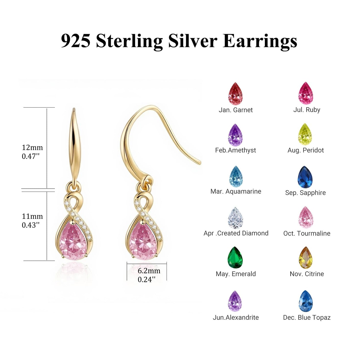 Infinity Birthstone Earrings 18K Gold Plated 925 Sterling Silver Teardrop Infinity Drop Dangle Earrings Pink Tourmaline Jewelry Birthday Gifts for Women Her Mother Wife