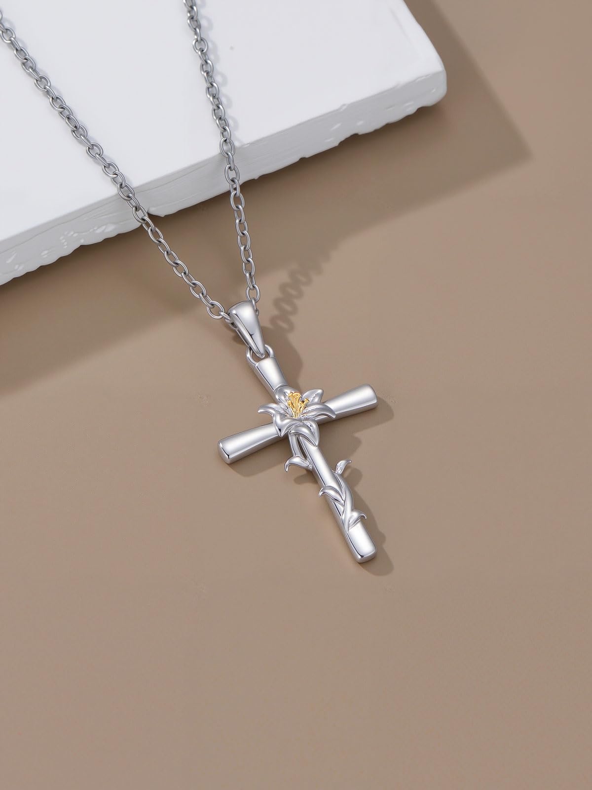 Cargari Lily Cross Necklace for Women Sterling Silver Lily Pendant Floral Necklace Jewelry Birth Flower Gifts for Women